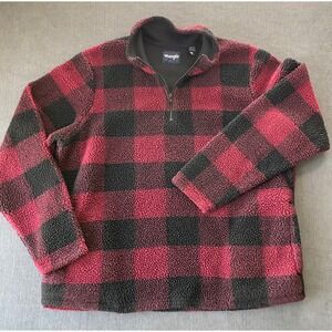 Wrangler Sherpa Fleece Quarter Zip Pullover Mens L Red Black Buffalo Plaid Check